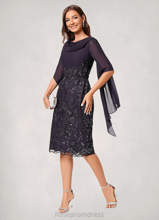 Heidy Sheath/Column Cowl Knee-Length Chiffon Lace Cocktail Dress With Ruffle Sequins SRSP0022287