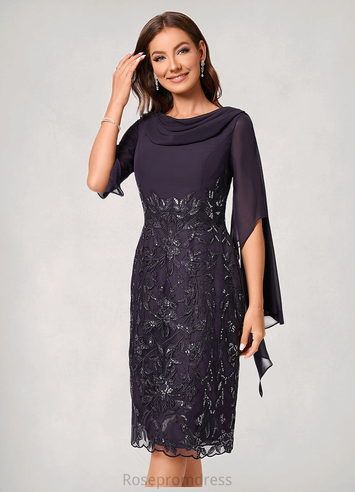 Heidy Sheath/Column Cowl Knee-Length Chiffon Lace Cocktail Dress With Ruffle Sequins SRSP0022287