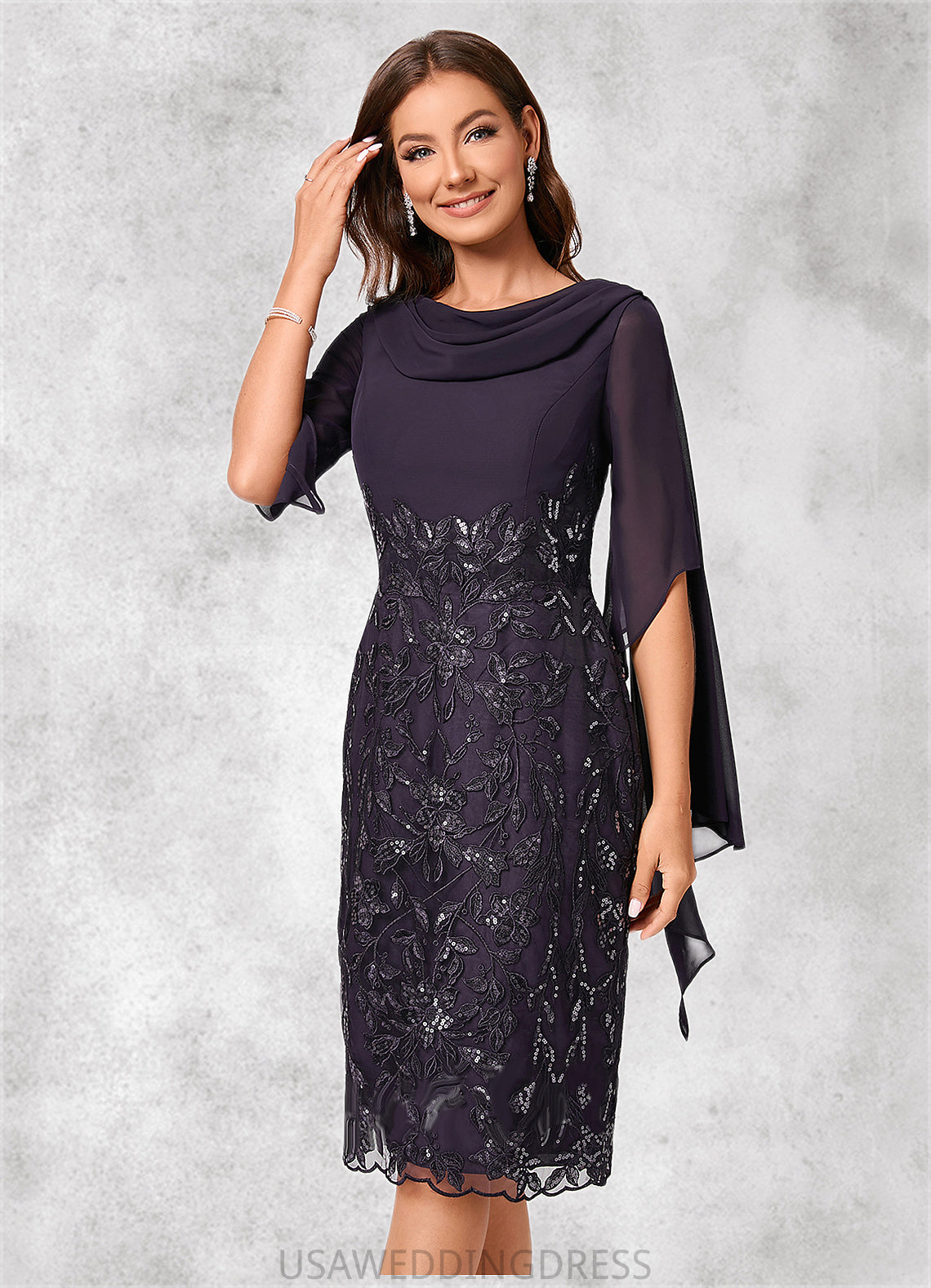 Janice Sheath/Column Cowl Knee-Length Chiffon Lace Cocktail Dress With Ruffle Sequins DSP0022287