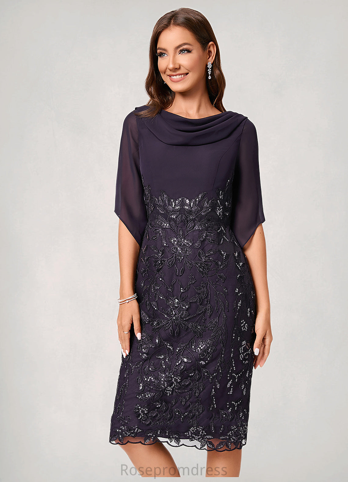 Heidy Sheath/Column Cowl Knee-Length Chiffon Lace Cocktail Dress With Ruffle Sequins SRSP0022287
