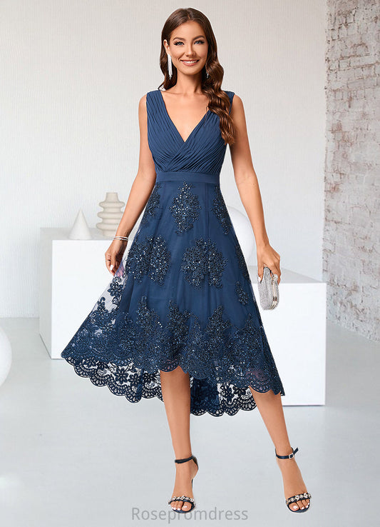 Serena A-line V-Neck Asymmetrical Chiffon Lace Sequin Cocktail Dress With Pleated Sequins SRSP0022288