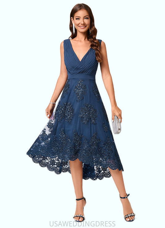 Olympia A-line V-Neck Asymmetrical Chiffon Lace Sequin Cocktail Dress With Pleated Sequins DSP0022288