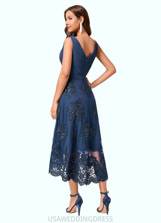 Olympia A-line V-Neck Asymmetrical Chiffon Lace Sequin Cocktail Dress With Pleated Sequins DSP0022288