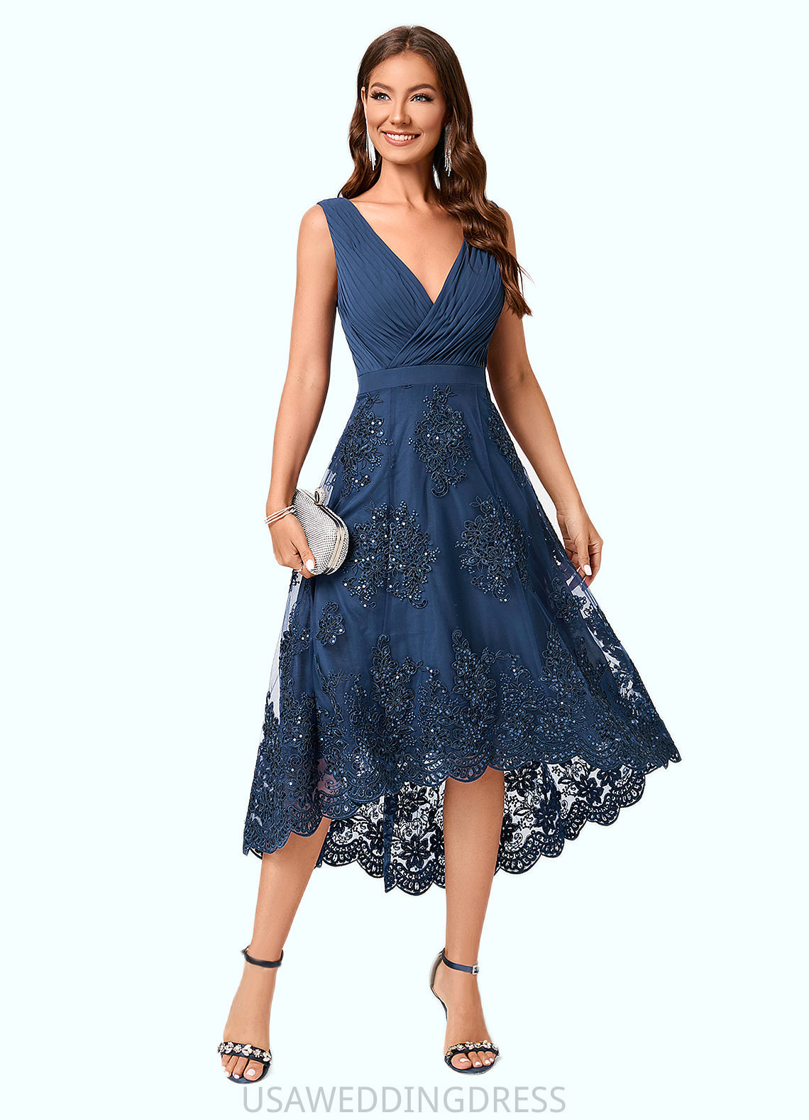 Olympia A-line V-Neck Asymmetrical Chiffon Lace Sequin Cocktail Dress With Pleated Sequins DSP0022288