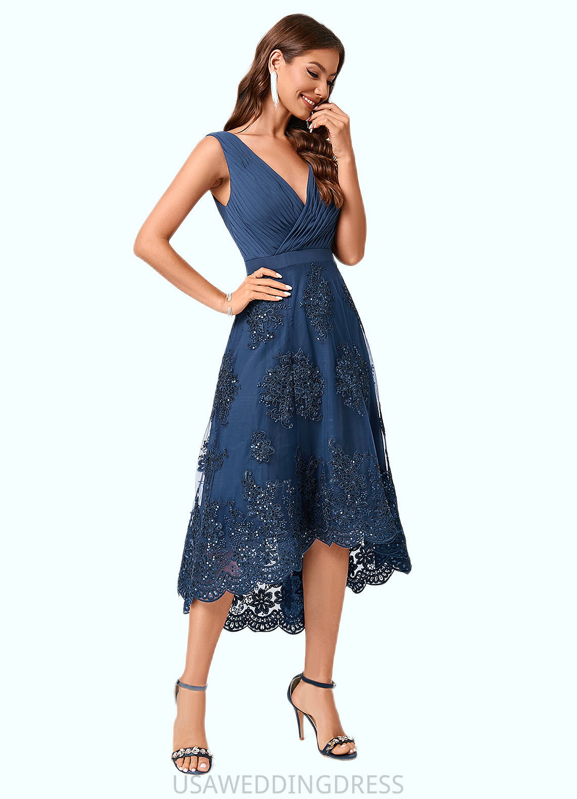Olympia A-line V-Neck Asymmetrical Chiffon Lace Sequin Cocktail Dress With Pleated Sequins DSP0022288