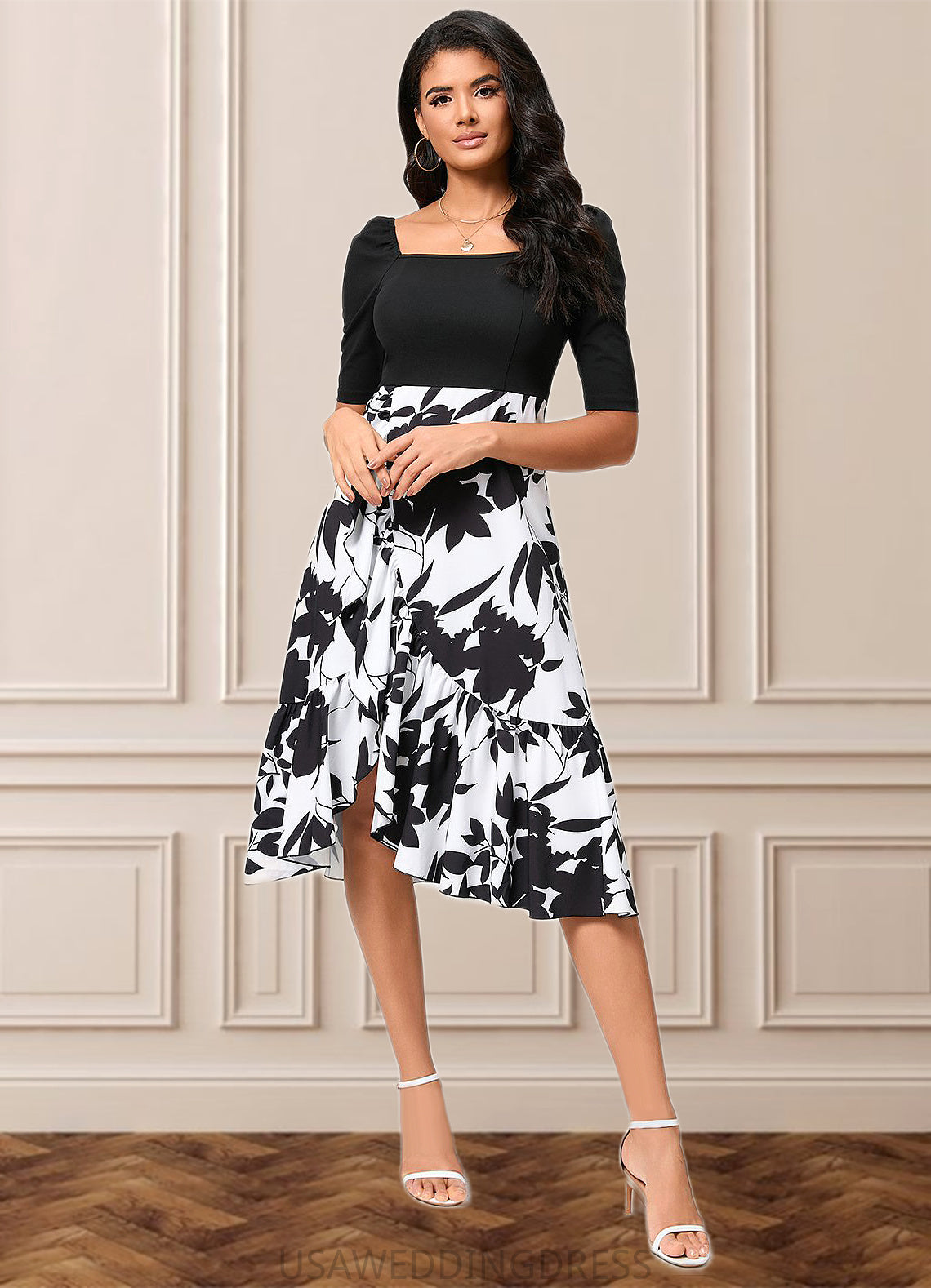 Amiya A-line Square Asymmetrical Polyester Cocktail Dress With Cascading Ruffles DSP0022292