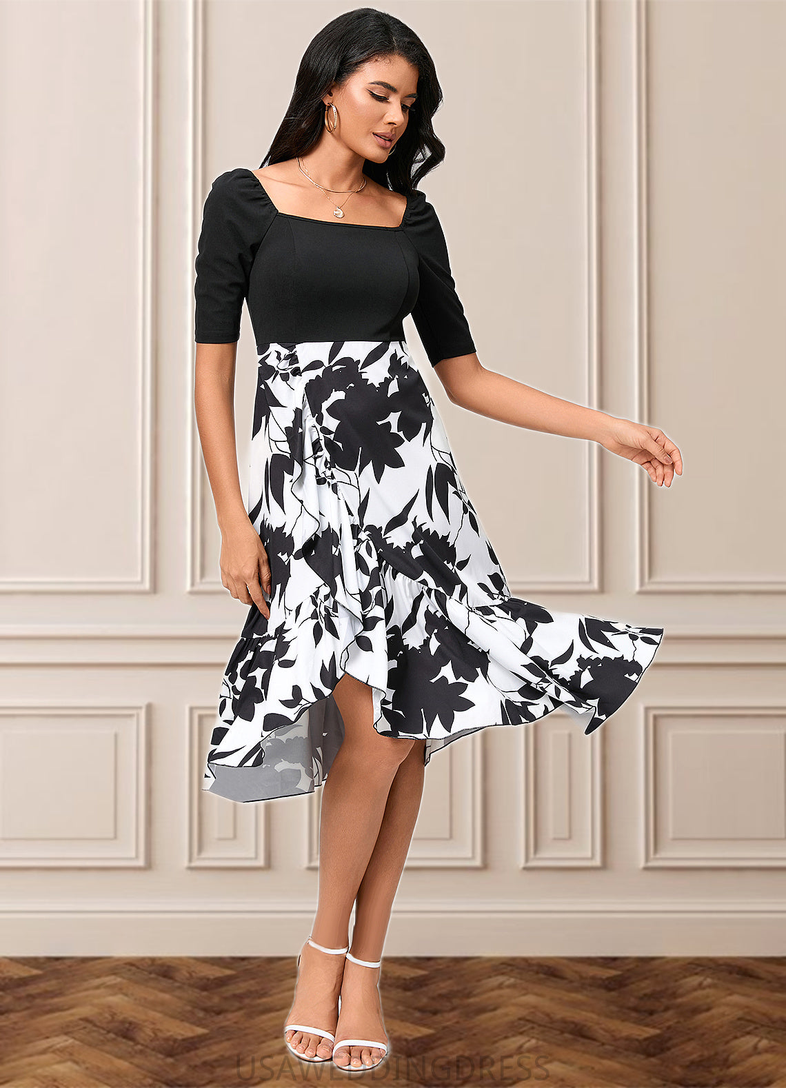 Amiya A-line Square Asymmetrical Polyester Cocktail Dress With Cascading Ruffles DSP0022292