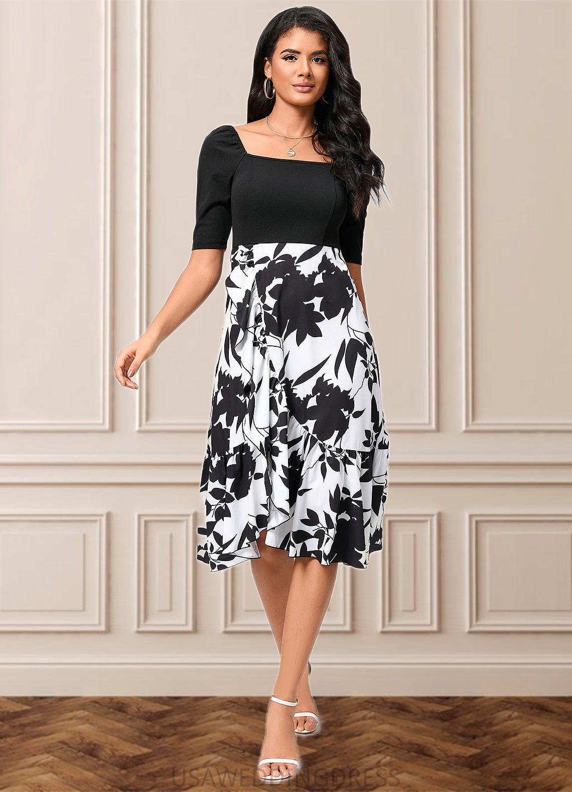 Amiya A-line Square Asymmetrical Polyester Cocktail Dress With Cascading Ruffles DSP0022292