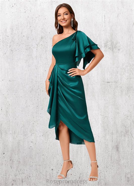 Rihanna Sheath/Column One Shoulder Asymmetrical Silky Satin Cocktail Dress With Ruffle SRSP0022293