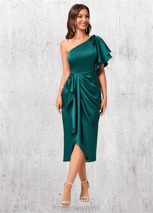 Rihanna Sheath/Column One Shoulder Asymmetrical Silky Satin Cocktail Dress With Ruffle SRSP0022293