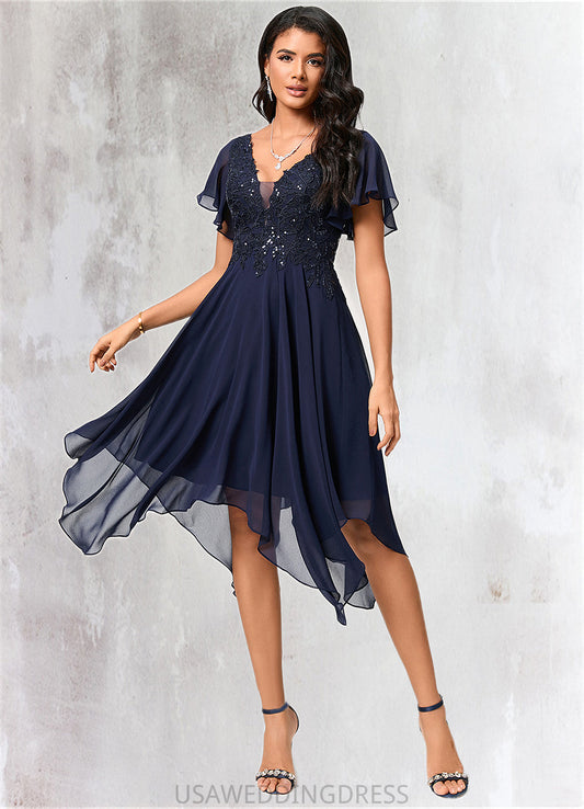 Alessandra A-line V-Neck Tea-Length Chiffon Cocktail Dress With Sequins DSP0022296