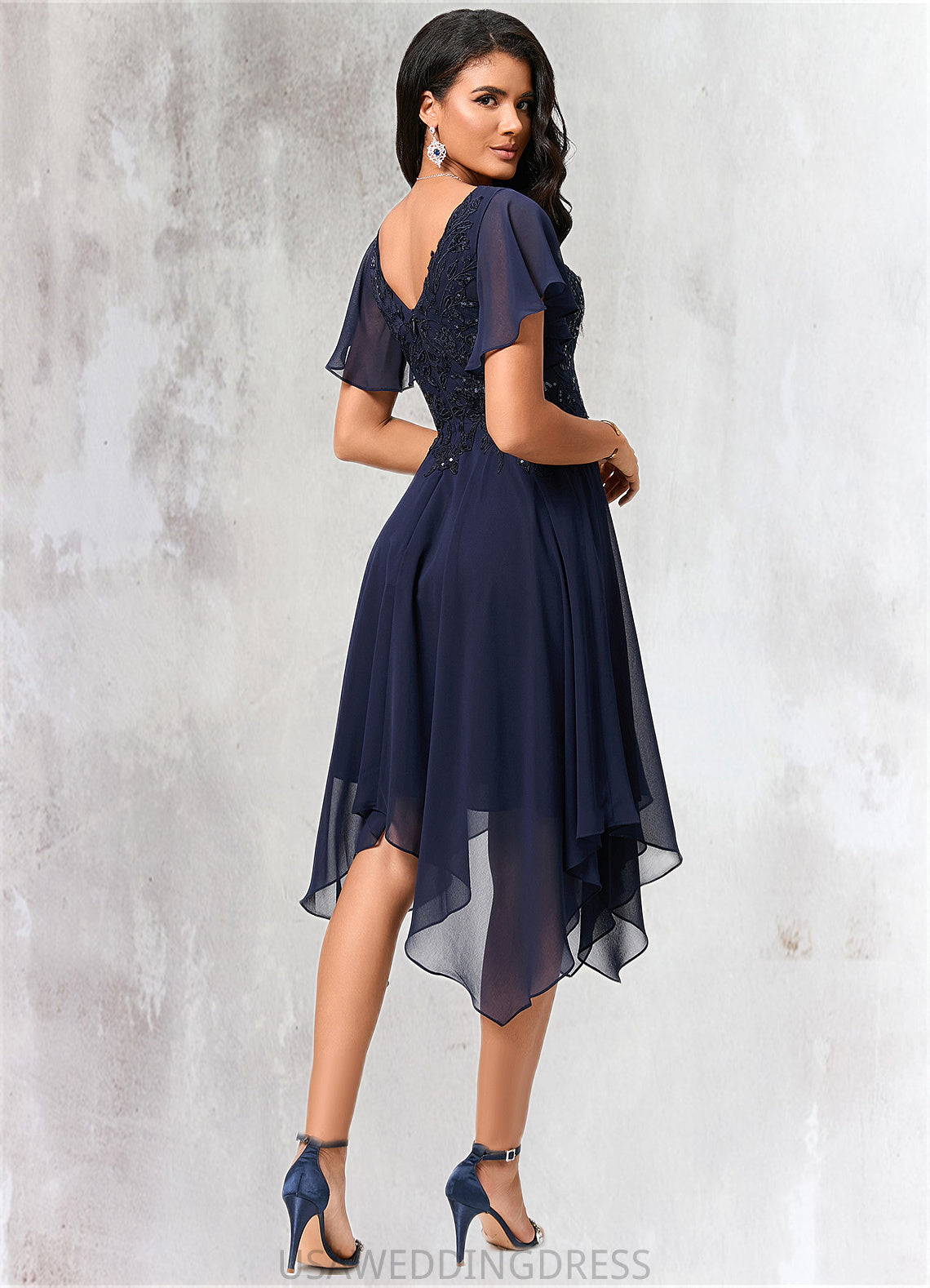 Alessandra A-line V-Neck Tea-Length Chiffon Cocktail Dress With Sequins DSP0022296