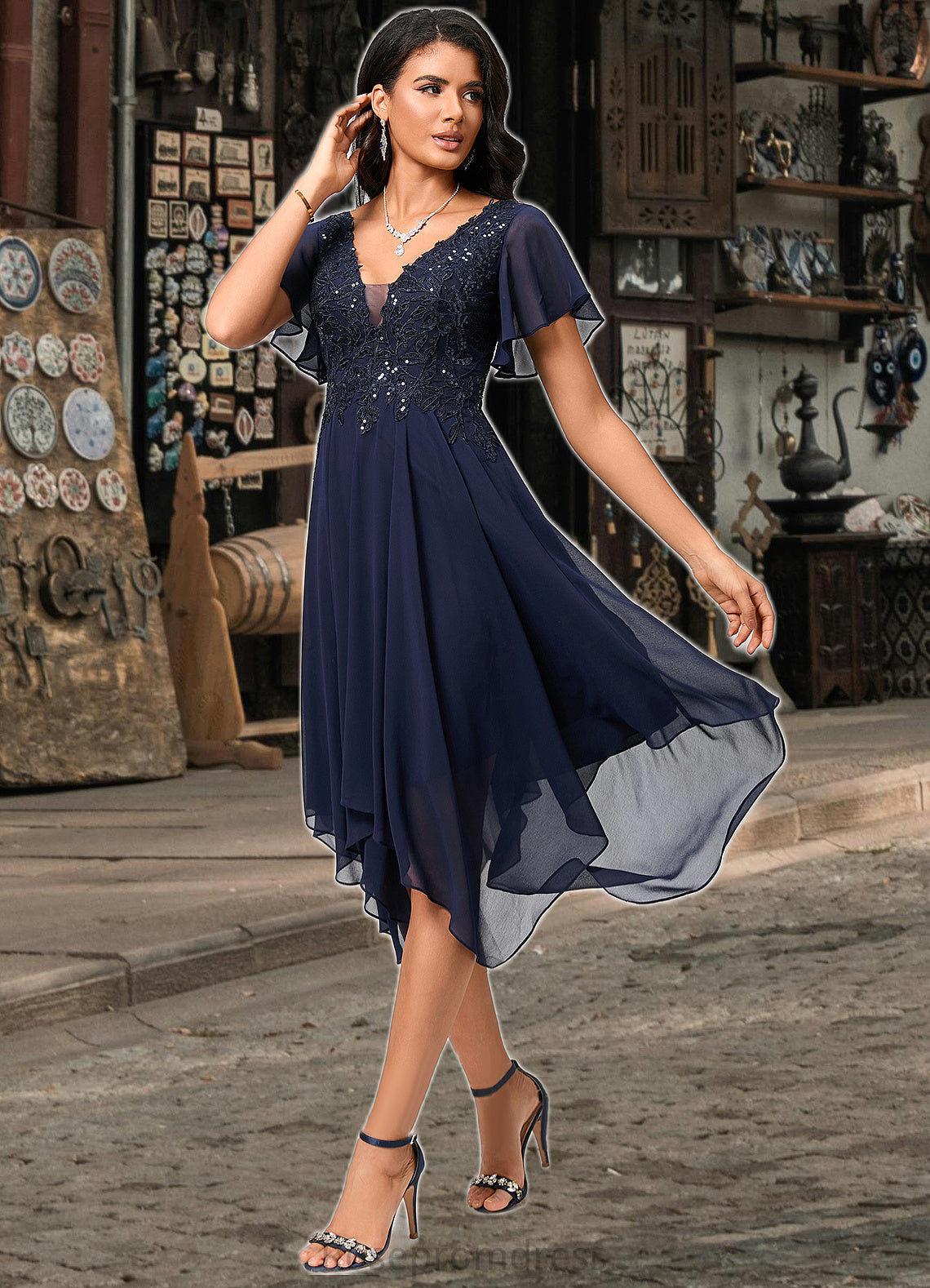 Ella A-line V-Neck Tea-Length Chiffon Cocktail Dress With Sequins SRSP0022296