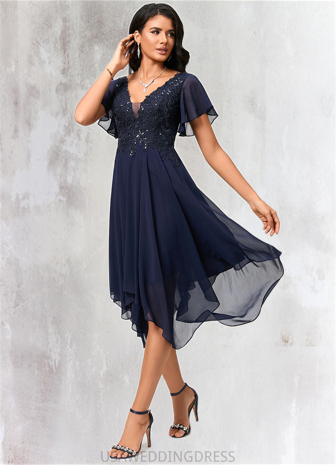 Alessandra A-line V-Neck Tea-Length Chiffon Cocktail Dress With Sequins DSP0022296