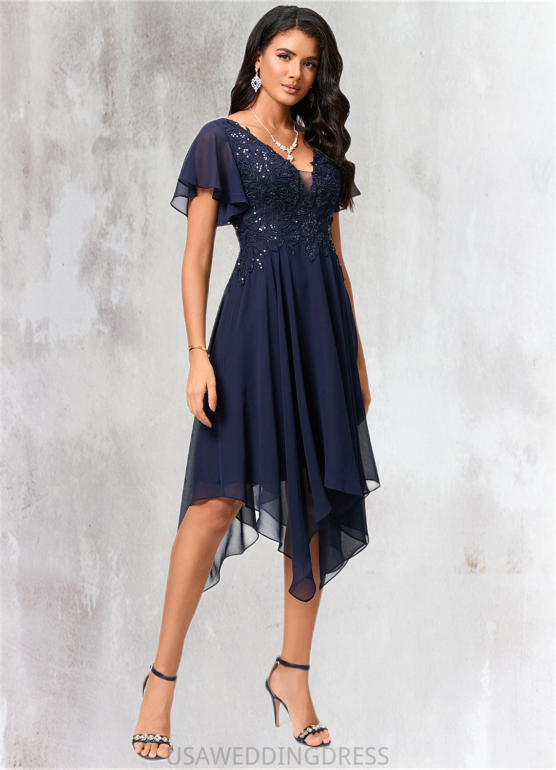 Alessandra A-line V-Neck Tea-Length Chiffon Cocktail Dress With Sequins DSP0022296