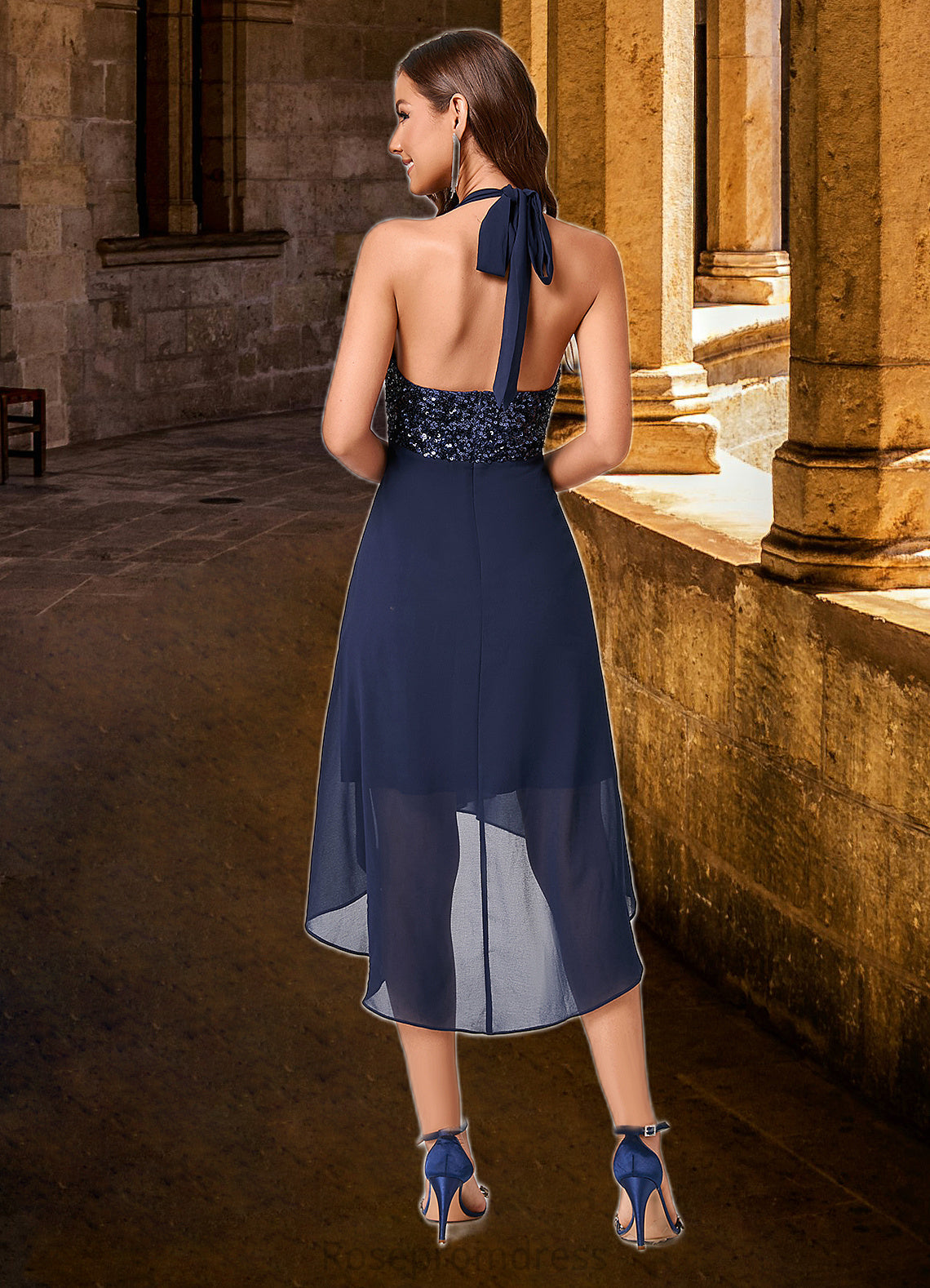 Whitney A-line Halter Asymmetrical Chiffon Sequin Cocktail Dress With Sequins SRSP0022299