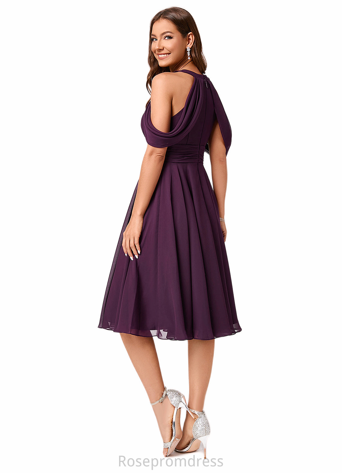 Sophronia A-line Cold Shoulder Scoop Knee-Length Chiffon Cocktail Dress With Ruffle SRSP0022302