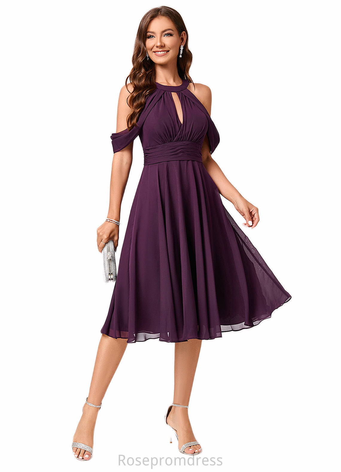 Sophronia A-line Cold Shoulder Scoop Knee-Length Chiffon Cocktail Dress With Ruffle SRSP0022302
