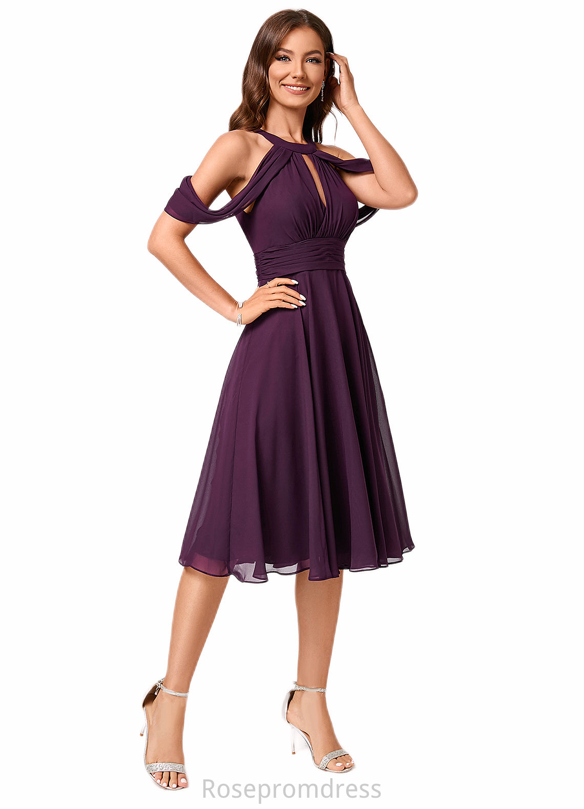 Sophronia A-line Cold Shoulder Scoop Knee-Length Chiffon Cocktail Dress With Ruffle SRSP0022302