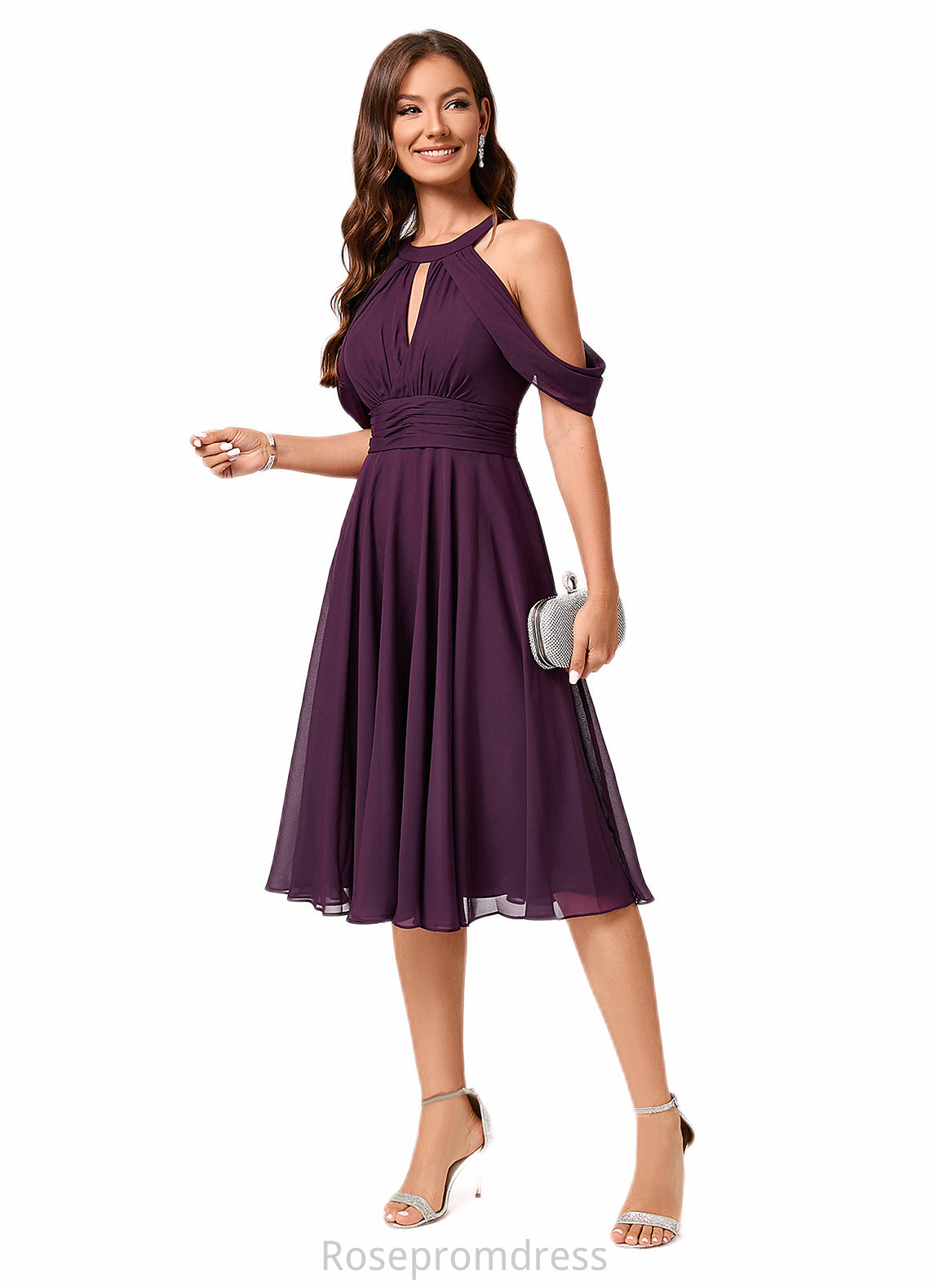 Sophronia A-line Cold Shoulder Scoop Knee-Length Chiffon Cocktail Dress With Ruffle SRSP0022302