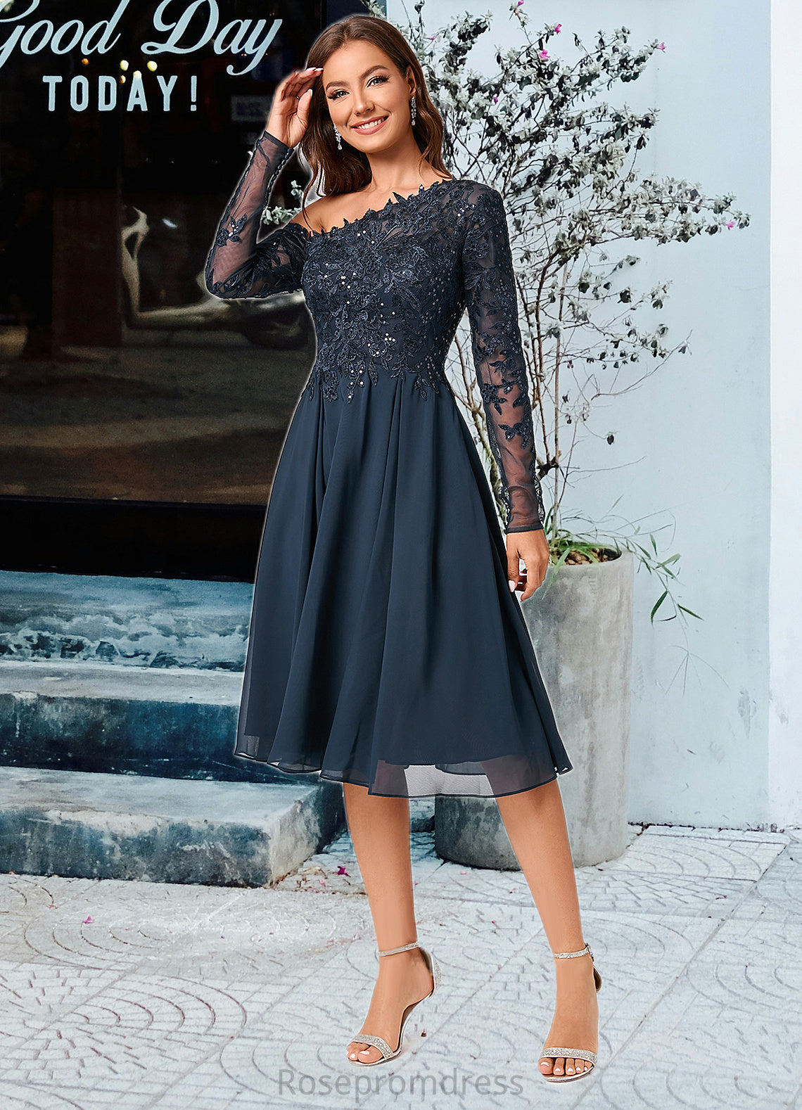 Ashley A-line One Shoulder Knee-Length Chiffon Lace Sequin Cocktail Dress With Sequins SRSP0022310