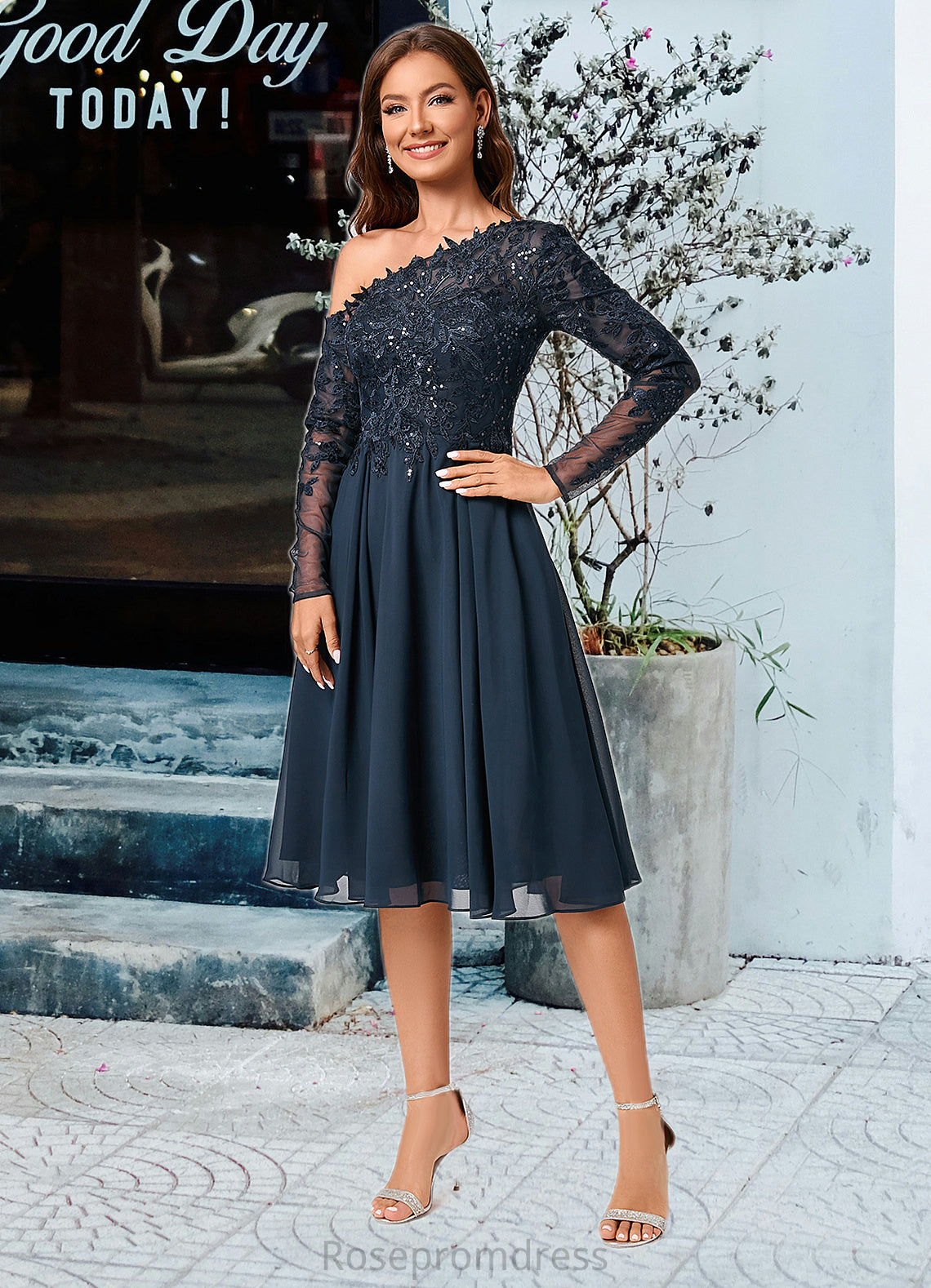 Ashley A-line One Shoulder Knee-Length Chiffon Lace Sequin Cocktail Dress With Sequins SRSP0022310