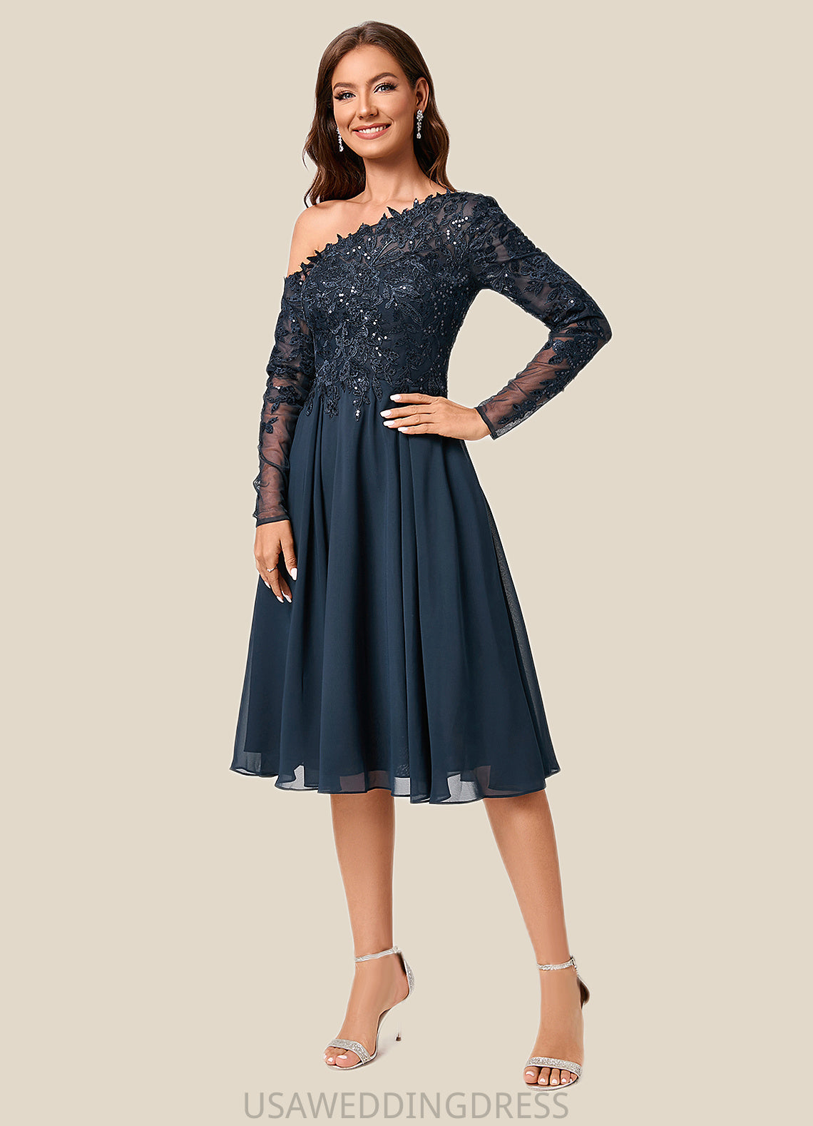 Anastasia A-line One Shoulder Knee-Length Chiffon Lace Sequin Cocktail Dress With Sequins DSP0022310