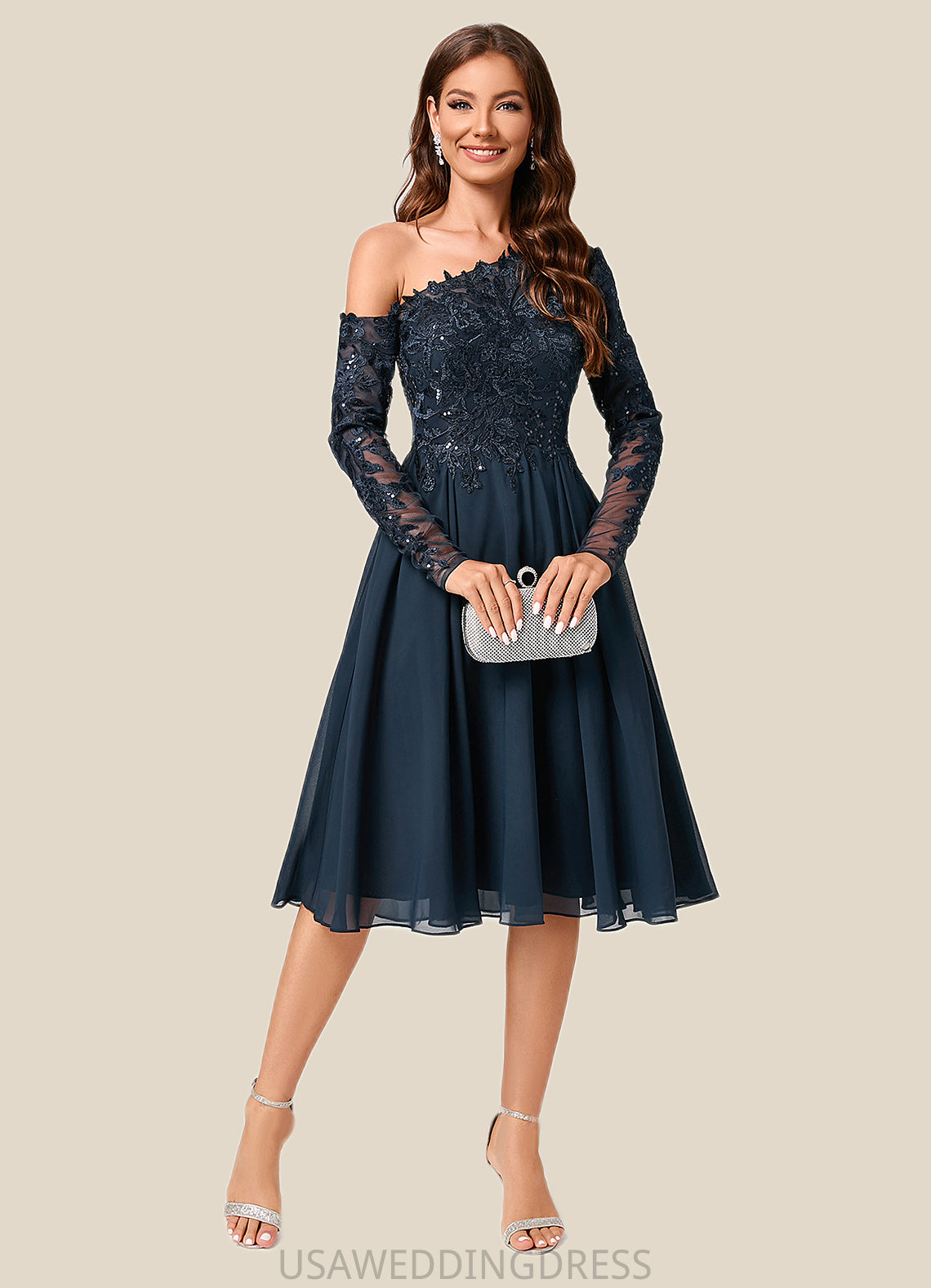Anastasia A-line One Shoulder Knee-Length Chiffon Lace Sequin Cocktail Dress With Sequins DSP0022310