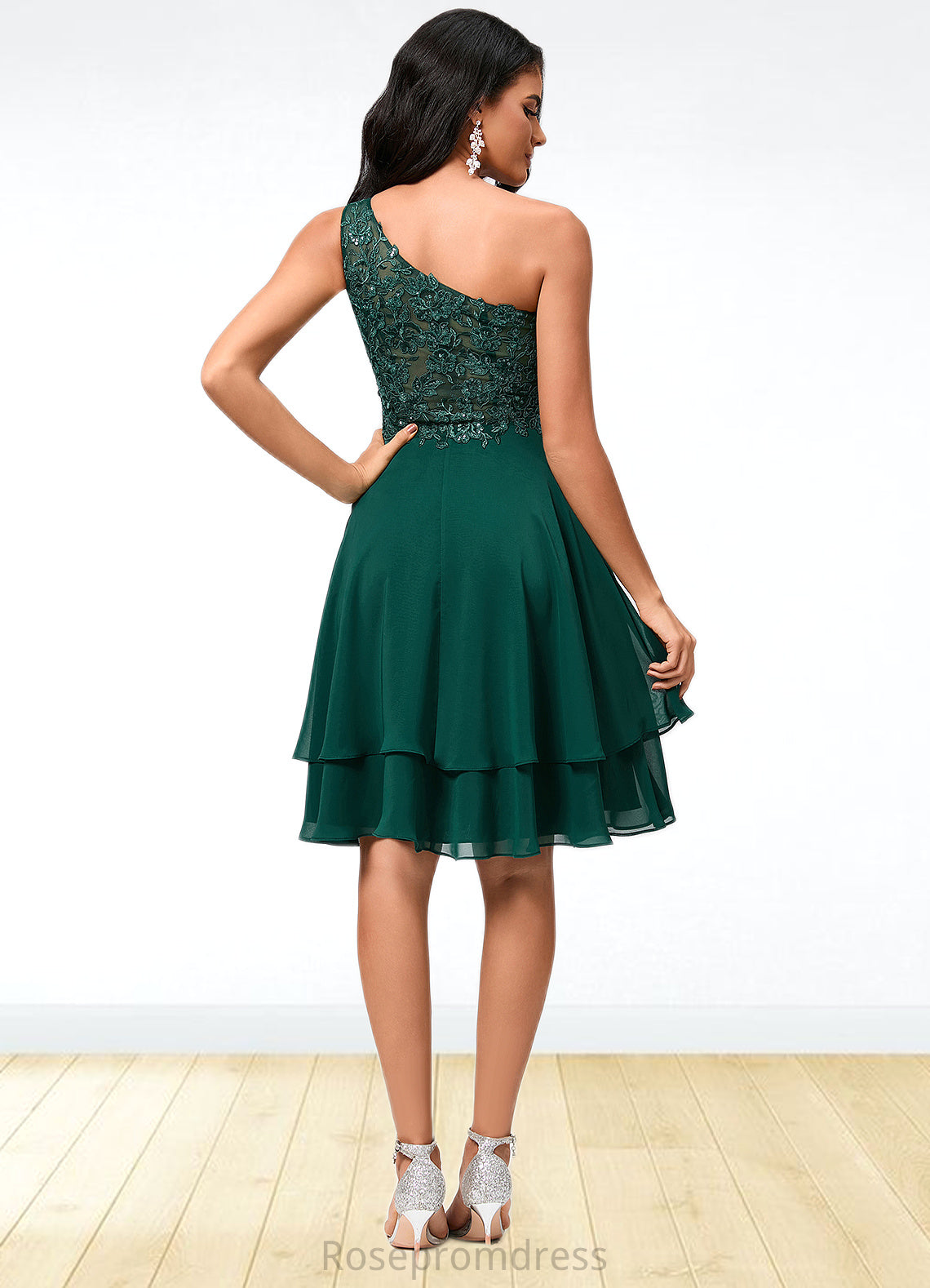 Abby A-line One Shoulder Knee-Length Chiffon Lace Cocktail Dress With Sequins SRSP0022313