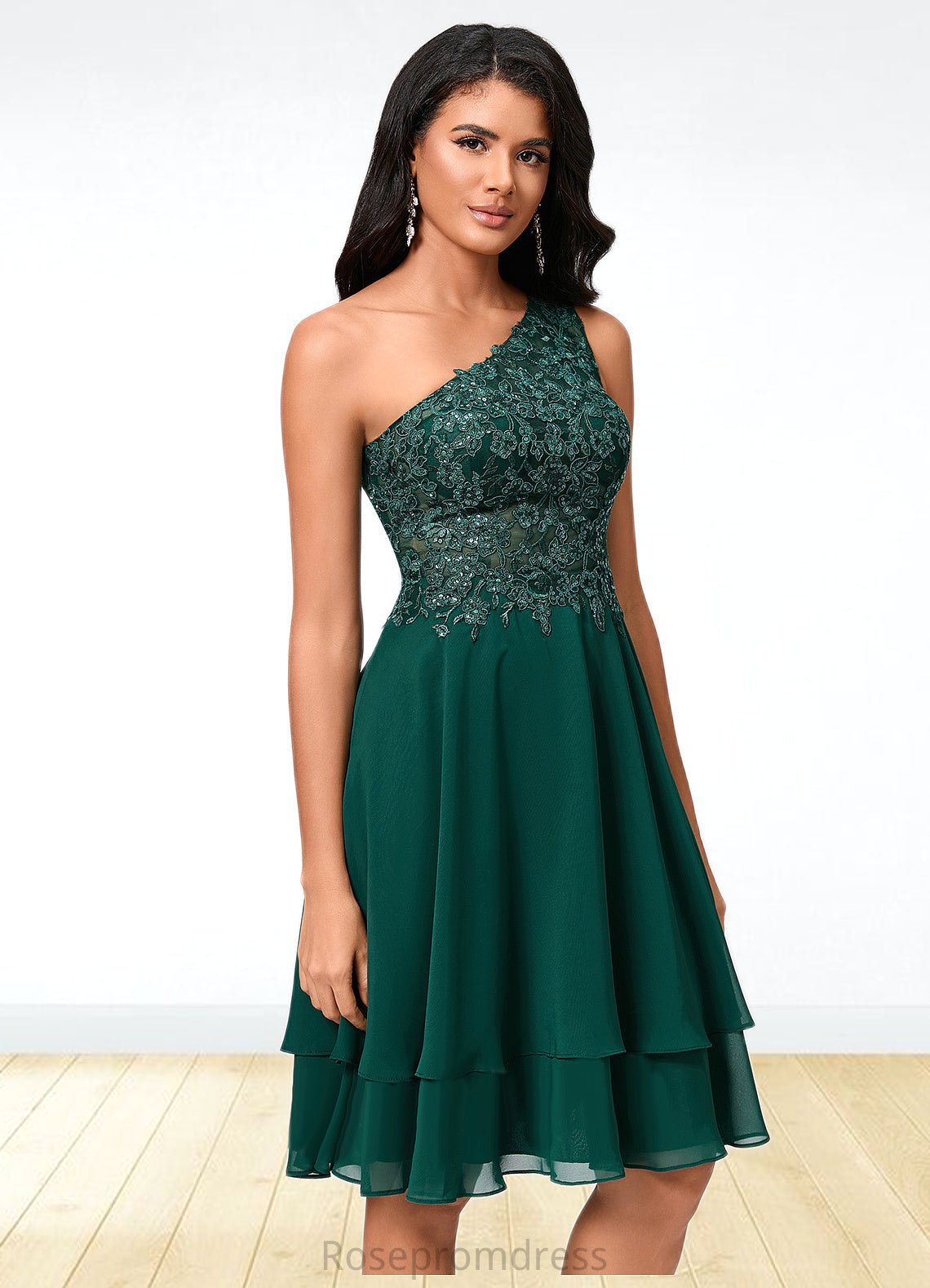 Abby A-line One Shoulder Knee-Length Chiffon Lace Cocktail Dress With Sequins SRSP0022313