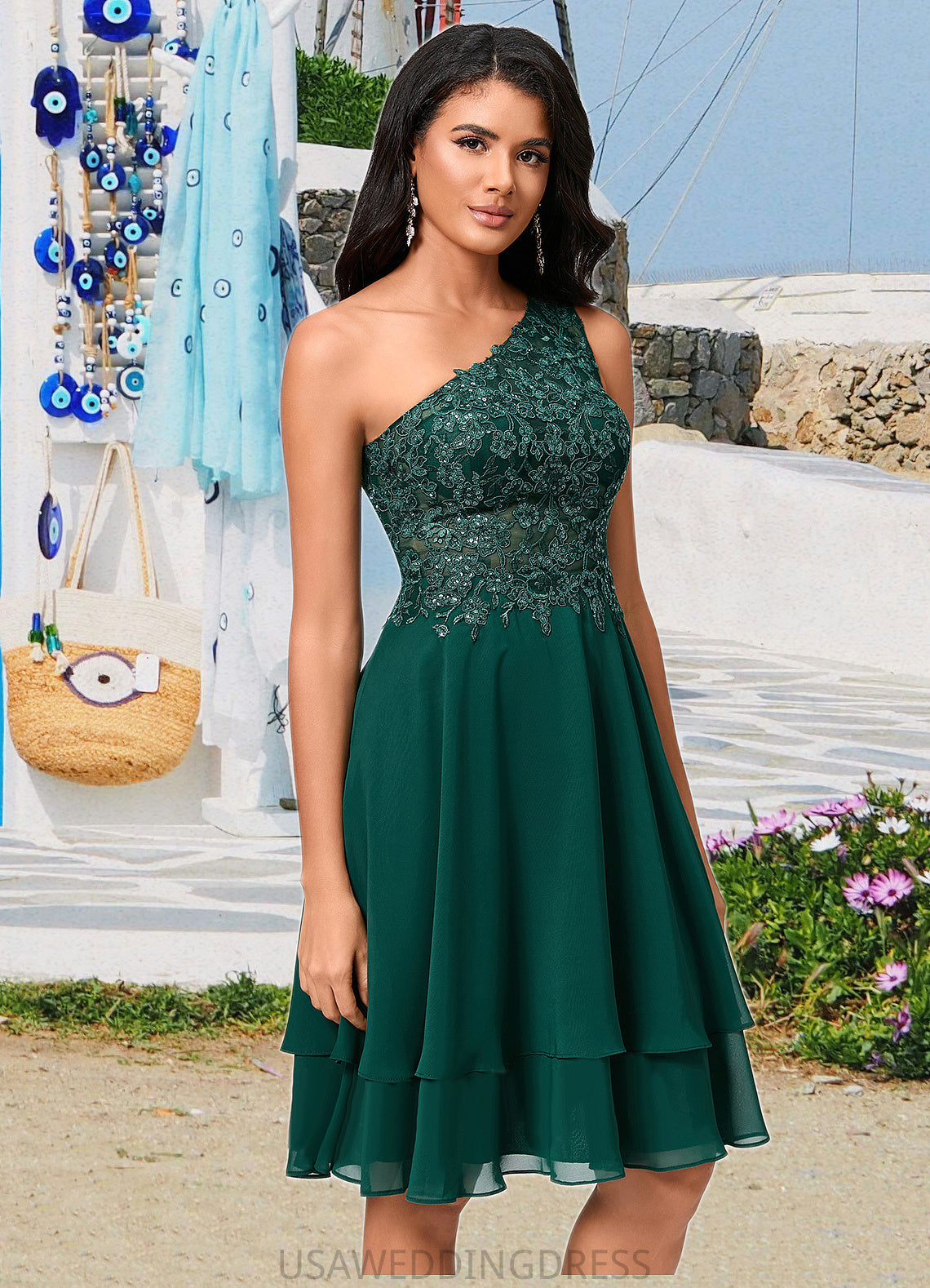 Louisa A-line One Shoulder Knee-Length Chiffon Lace Cocktail Dress With Sequins DSP0022313