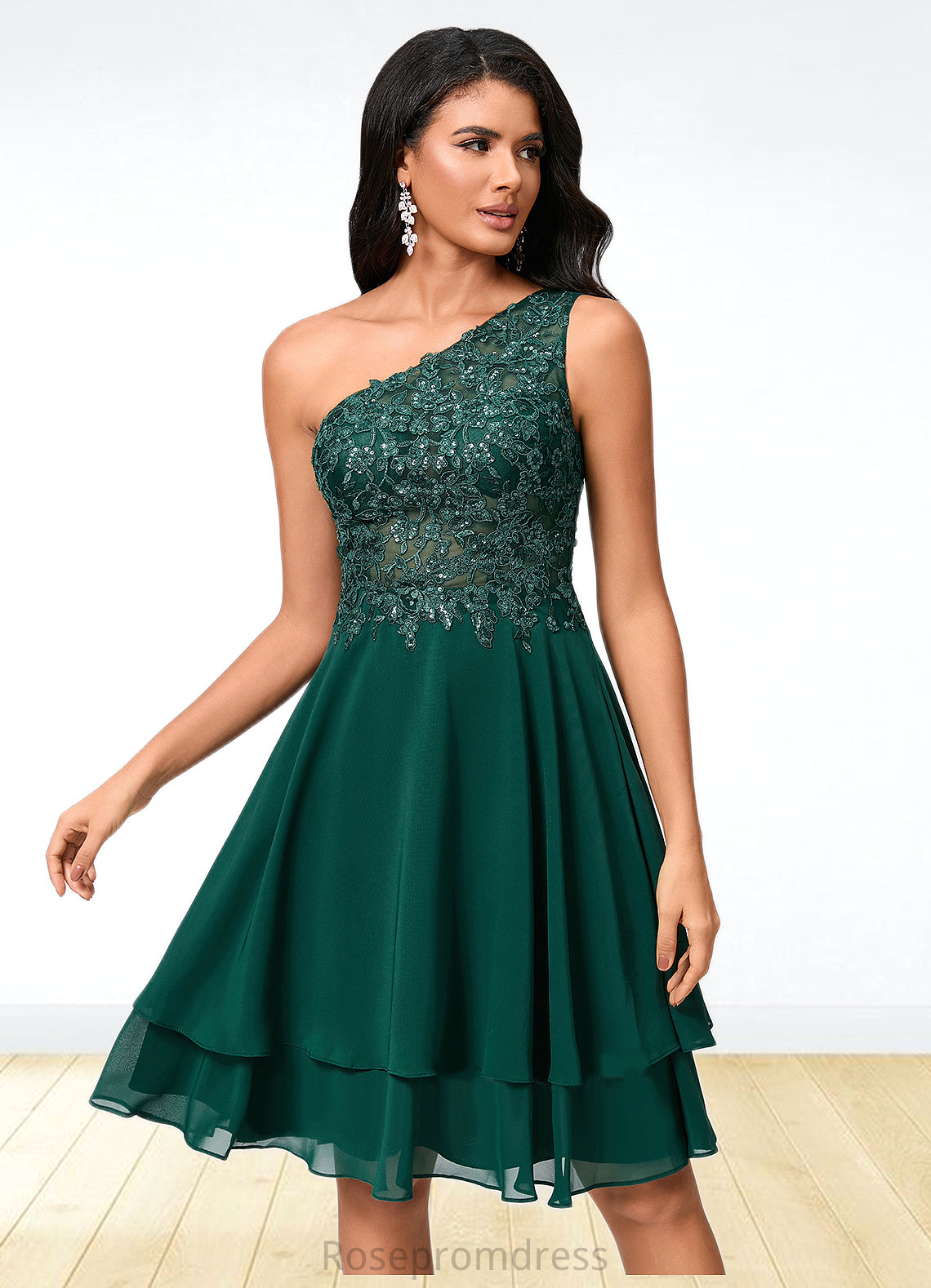 Abby A-line One Shoulder Knee-Length Chiffon Lace Cocktail Dress With Sequins SRSP0022313