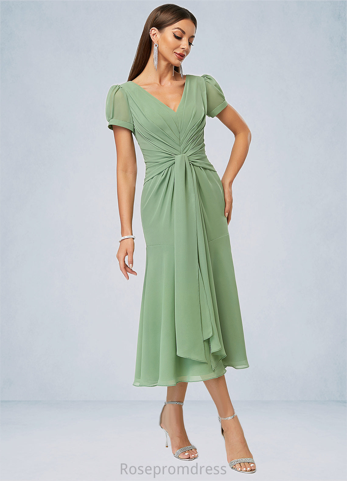 Krystal Trumpet/Mermaid V-Neck Tea-Length Chiffon Cocktail Dress With Pleated SRSP0022315