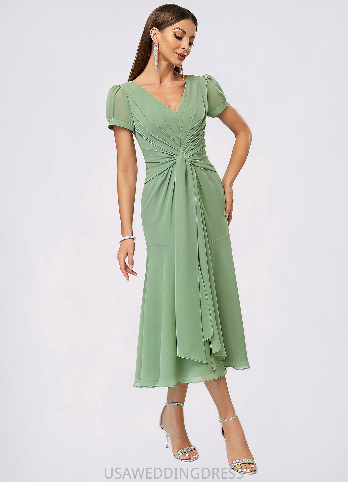 Karly Trumpet/Mermaid V-Neck Tea-Length Chiffon Cocktail Dress With Pleated DSP0022315