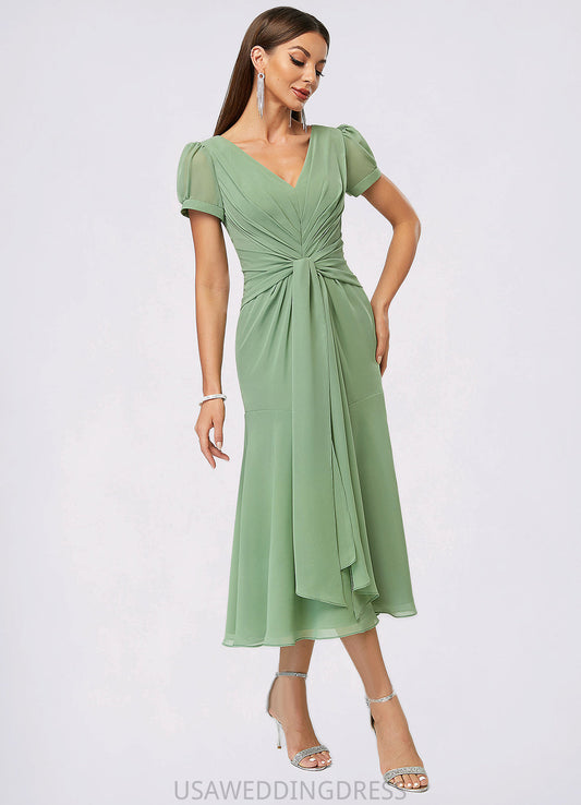 Karly Trumpet/Mermaid V-Neck Tea-Length Chiffon Cocktail Dress With Pleated DSP0022315