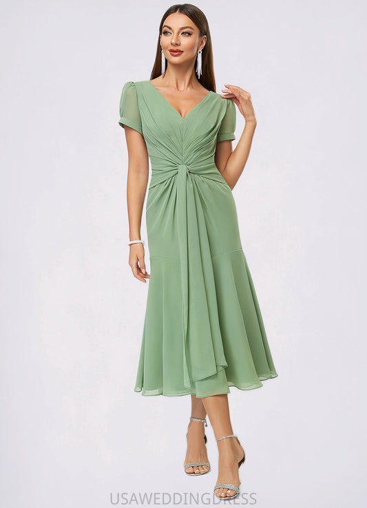 Karly Trumpet/Mermaid V-Neck Tea-Length Chiffon Cocktail Dress With Pleated DSP0022315