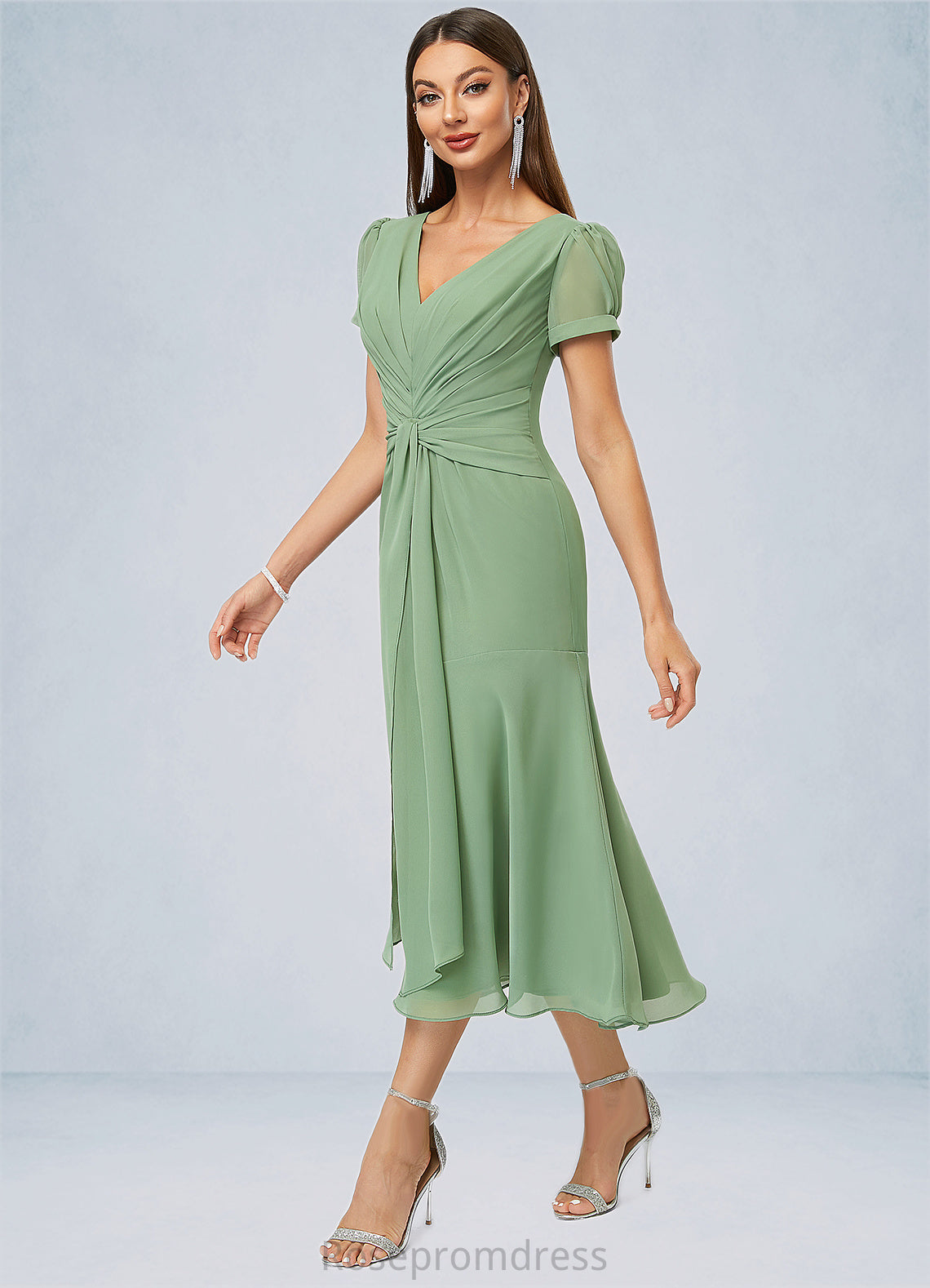 Krystal Trumpet/Mermaid V-Neck Tea-Length Chiffon Cocktail Dress With Pleated SRSP0022315