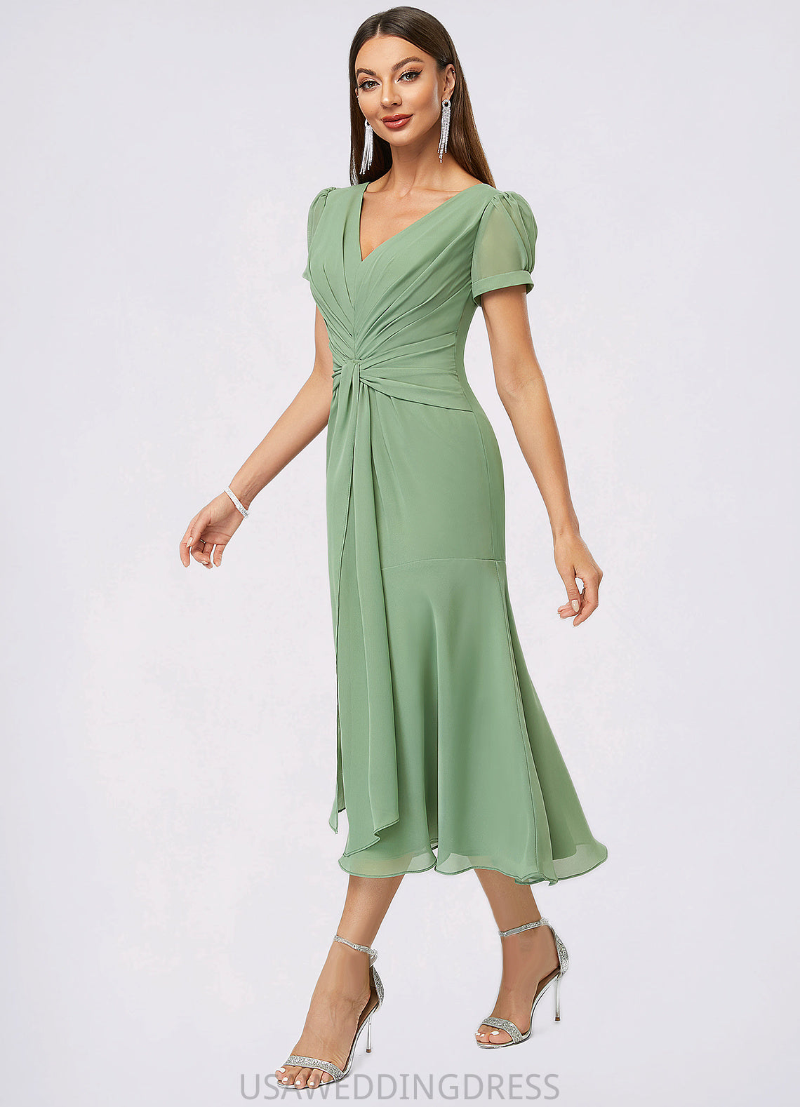 Karly Trumpet/Mermaid V-Neck Tea-Length Chiffon Cocktail Dress With Pleated DSP0022315