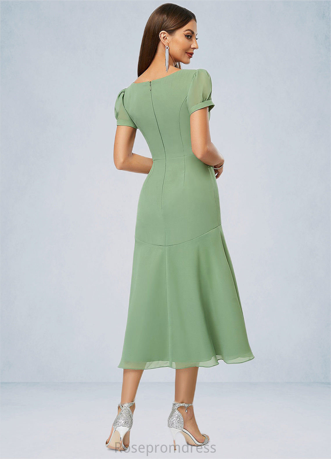 Krystal Trumpet/Mermaid V-Neck Tea-Length Chiffon Cocktail Dress With Pleated SRSP0022315