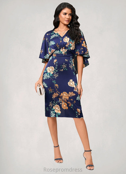 Nan Sheath/Column V-Neck Knee-Length Satin Cocktail Dress With Pleated SRSP0022317