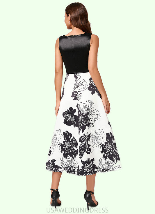 Shirley A-line V-Neck Tea-Length Polyester Cocktail Dress With Flower DSP0022320