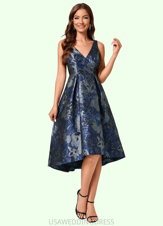 Maliyah A-line V-Neck Asymmetrical Jacquard Cocktail Dress With Flower DSP0022321