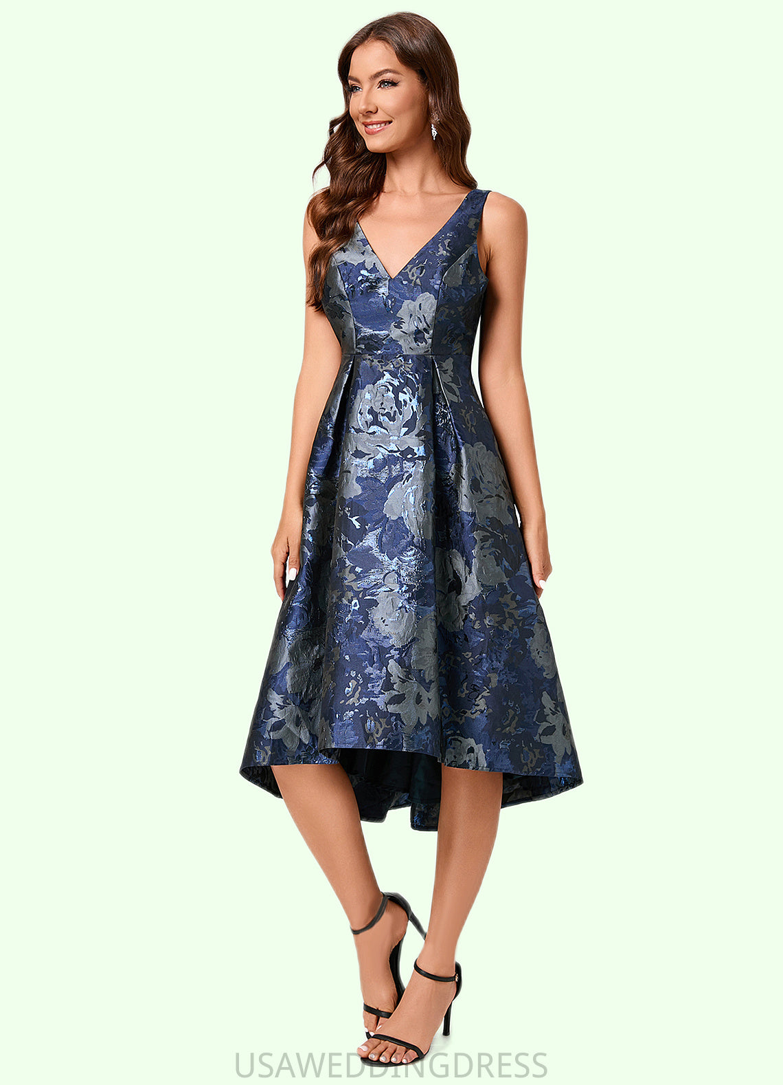 Maliyah A-line V-Neck Asymmetrical Jacquard Cocktail Dress With Flower DSP0022321