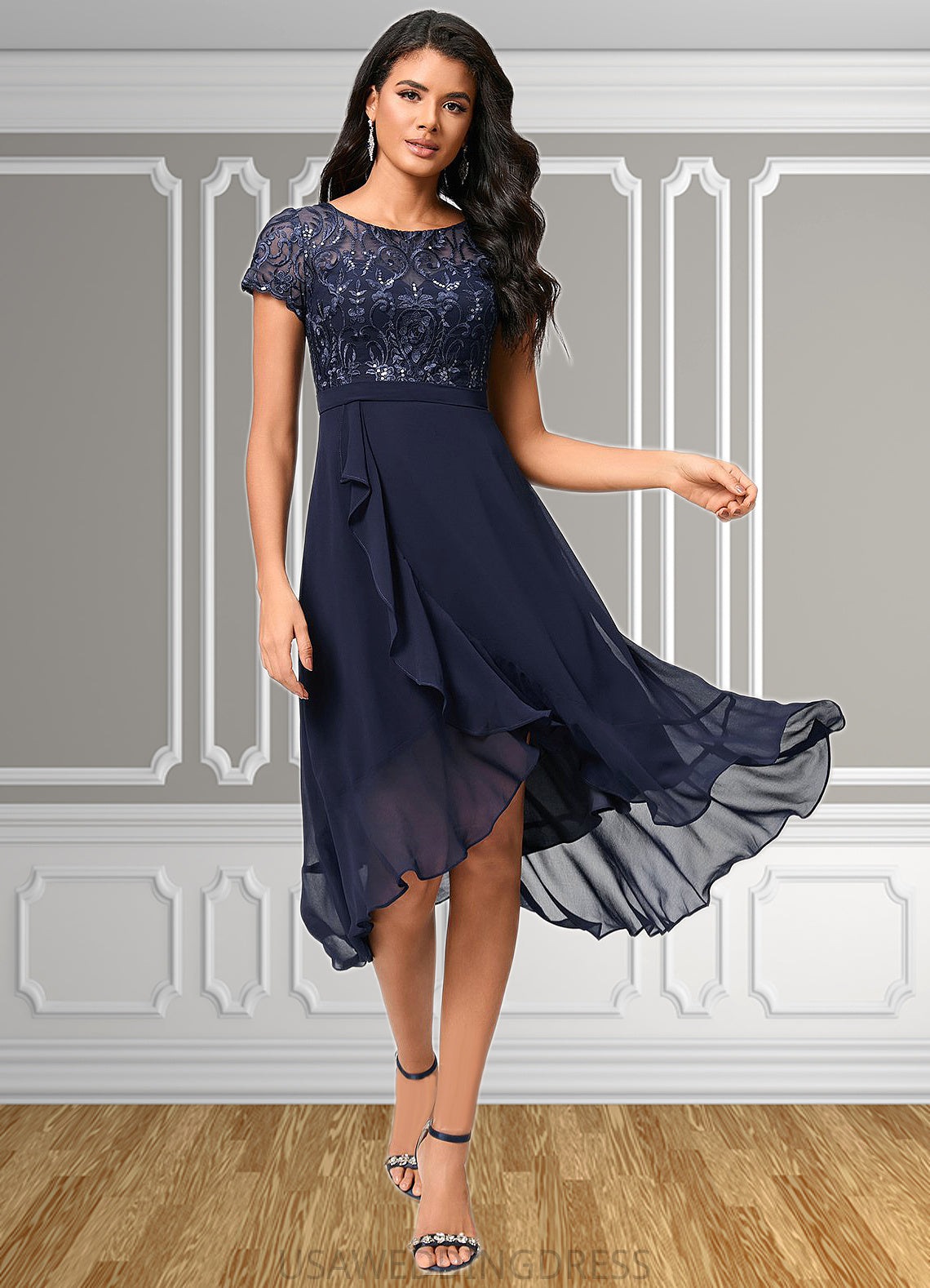 Ryann A-line Scoop Asymmetrical Chiffon Lace Cocktail Dress With Cascading Ruffles DSP0022334