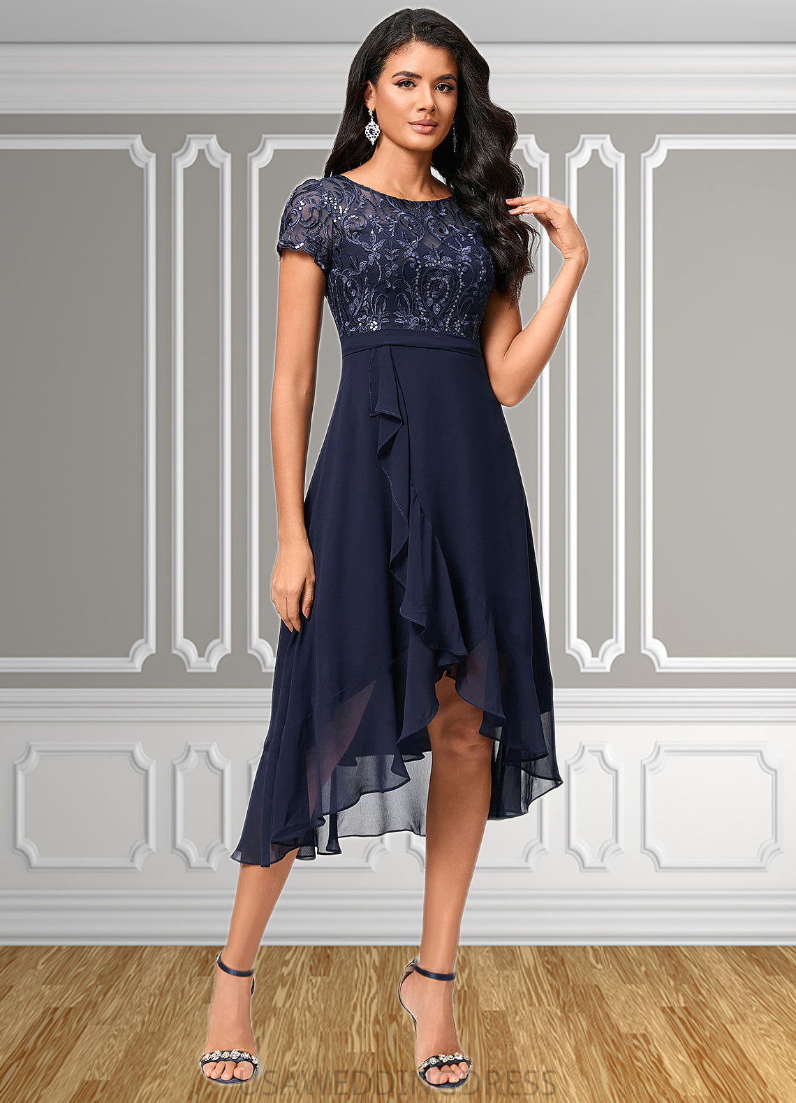 Ryann A-line Scoop Asymmetrical Chiffon Lace Cocktail Dress With Cascading Ruffles DSP0022334