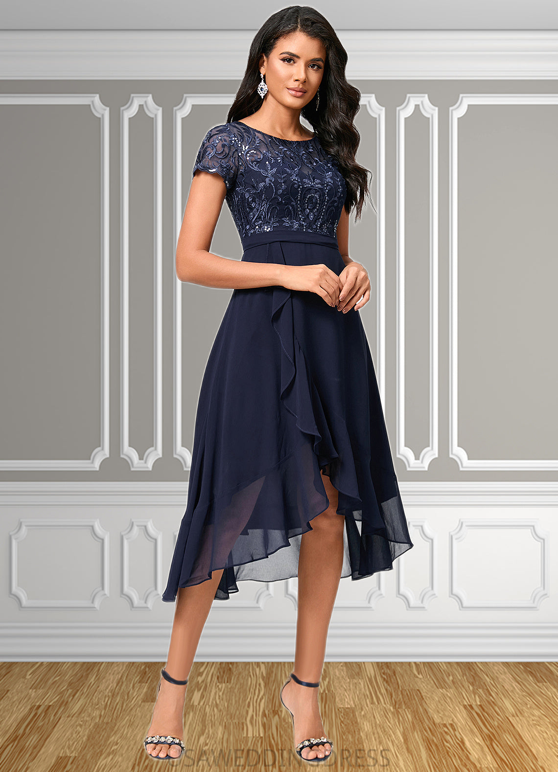 Ryann A-line Scoop Asymmetrical Chiffon Lace Cocktail Dress With Cascading Ruffles DSP0022334