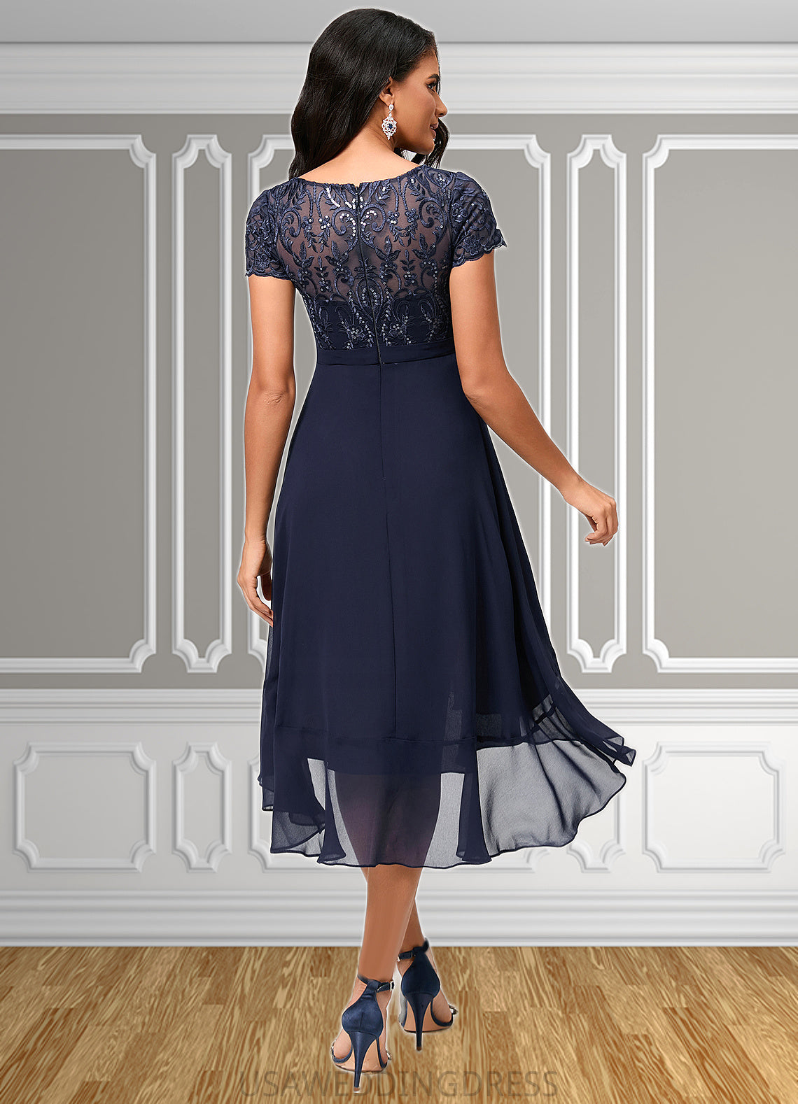 Ryann A-line Scoop Asymmetrical Chiffon Lace Cocktail Dress With Cascading Ruffles DSP0022334