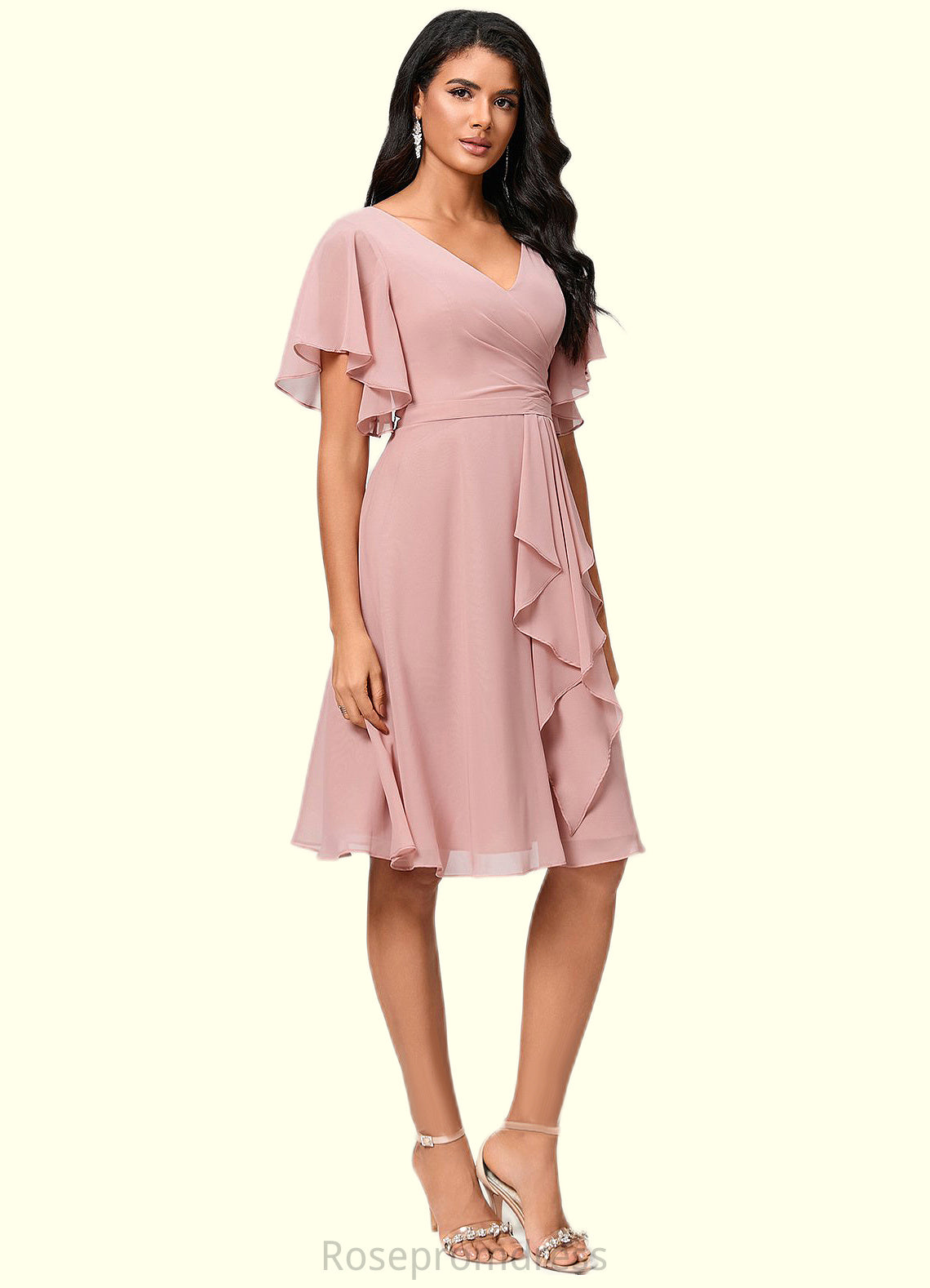 Elena A-line V-Neck Knee-Length Chiffon Cocktail Dress With Ruffle SRSP0022335