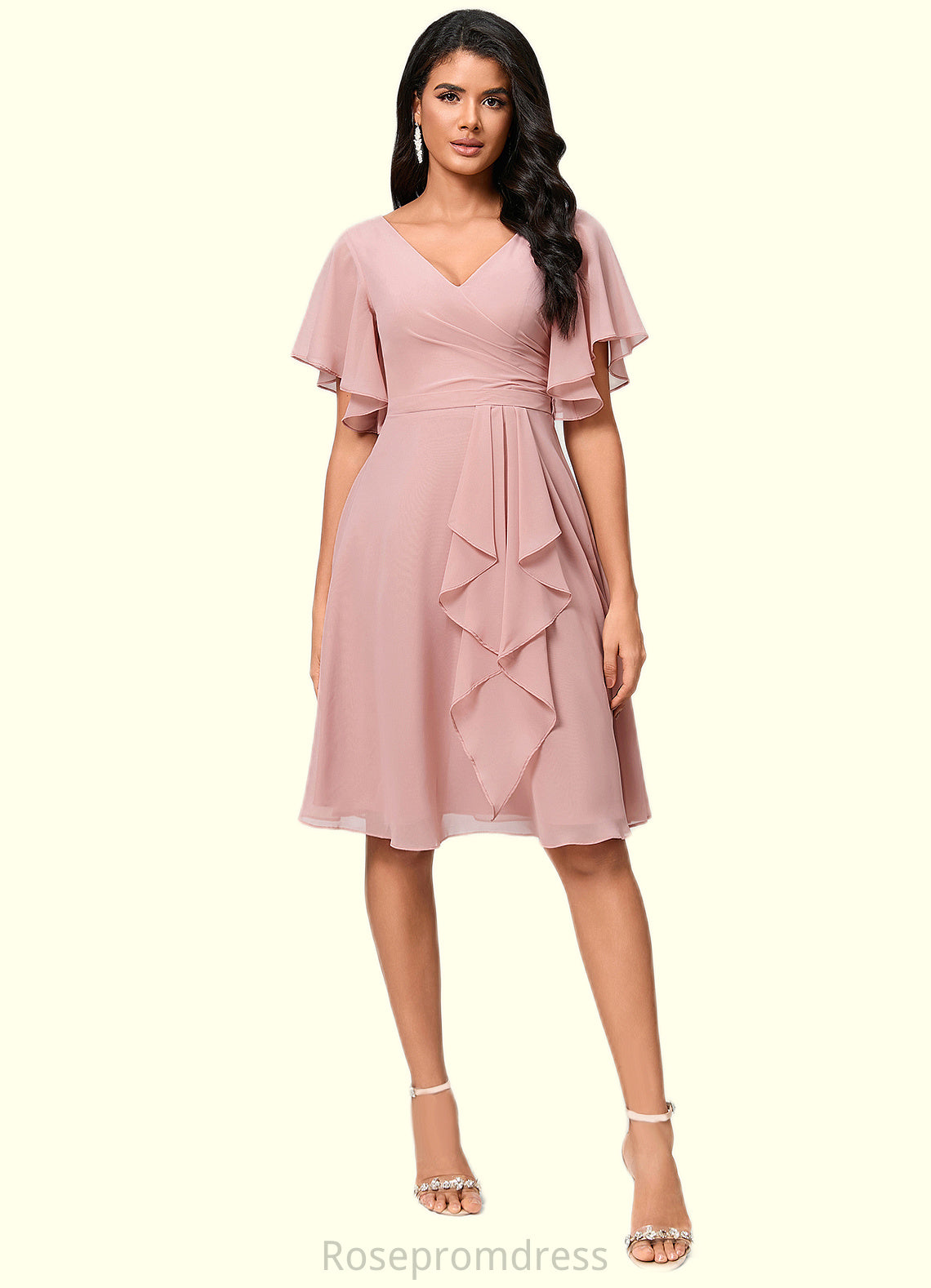 Elena A-line V-Neck Knee-Length Chiffon Cocktail Dress With Ruffle SRSP0022335