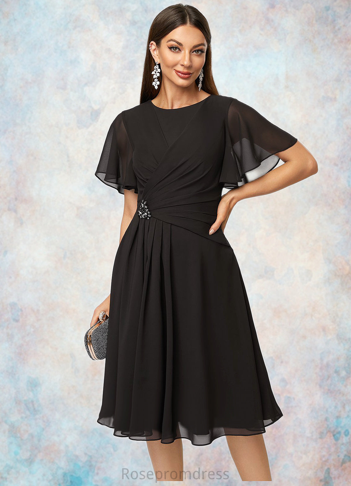 Kennedi A-line Scoop Knee-Length Chiffon Cocktail Dress With Beading Pleated SRSP0022336